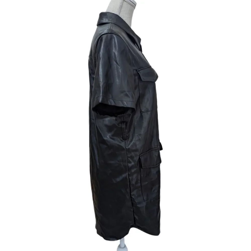 House of Harlow 1960 Faux Leather Button Short Sleeve Shirt Mini Dress in Black - Picture 3 of 7